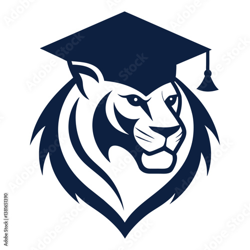 Education Logo Vector Illustration, Fierce Lion with Graduation Cap Design.