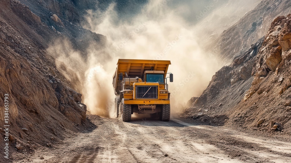 Heavy-duty truck carrying minerals through a dusty mine, conveying industrial power