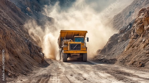 Obraz na płótnie Heavy-duty truck carrying minerals through a dusty mine, conveying industrial power w salonie