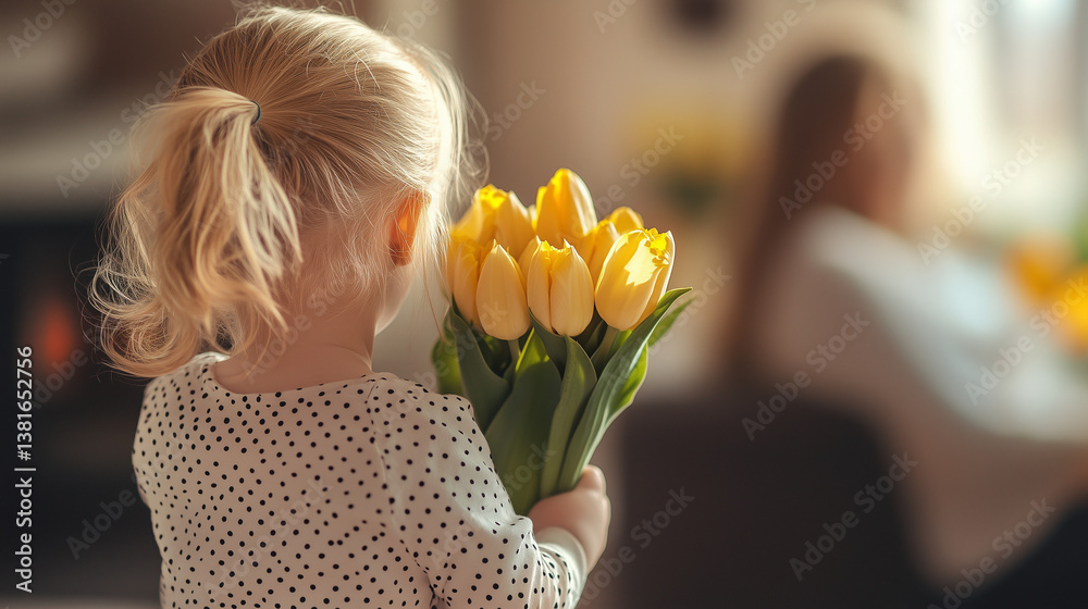 Naklejka premium Little girl surprises her mother with a bouquet of tulips at home mother's day concept happy mom and daughter family holiday and togetherness back view