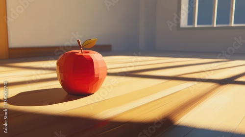 Geometric Apple in Sunlit Room Modern 3D Artwork with Warm Lighting and Shadows for Design De