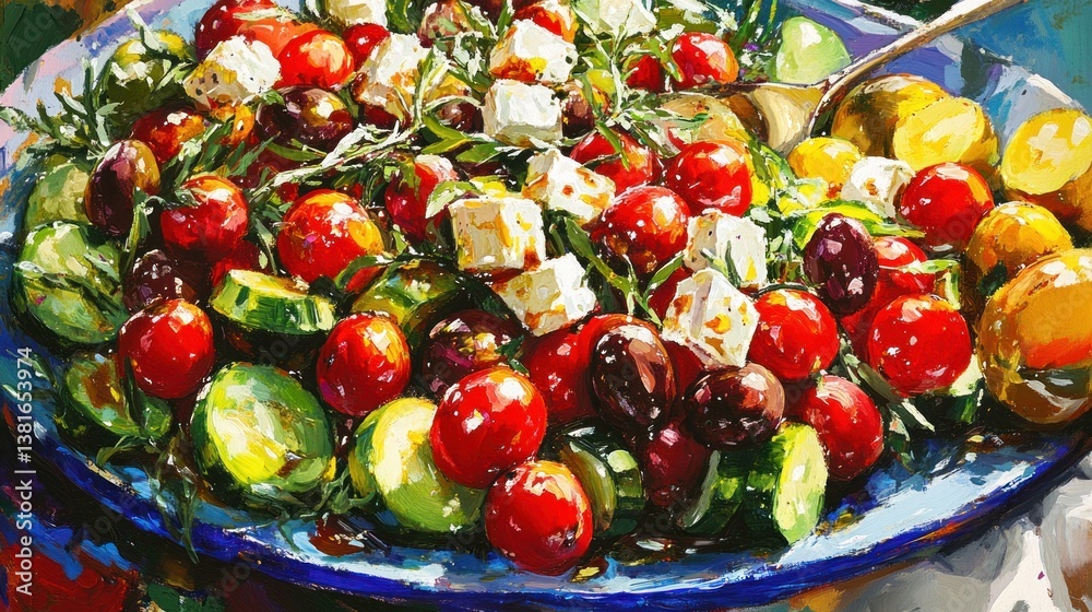 Artistic rendition of a Mediterranean salad with fresh cherry tomatoes