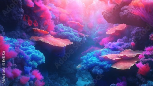 Vibrant fractal coral reef ecosystem with glowing textures and underwater illumination
