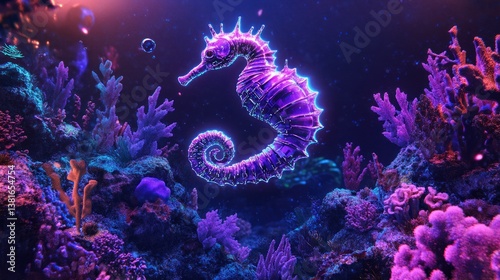 Radiant Seahorse: A Neon Aquatic Creature in a Cybernetic Coral Garden