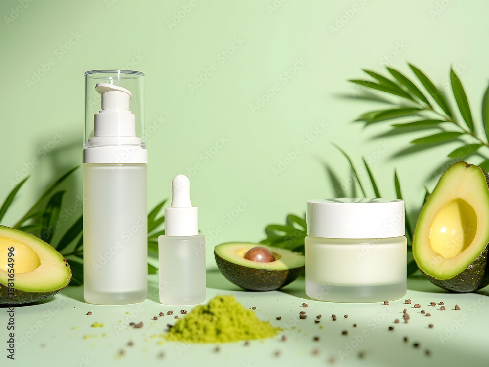 Three bottles of cosmetics are displayed on a green background with a few avocado Three bottles of cosmetics are displayed on a green background with a few avocado