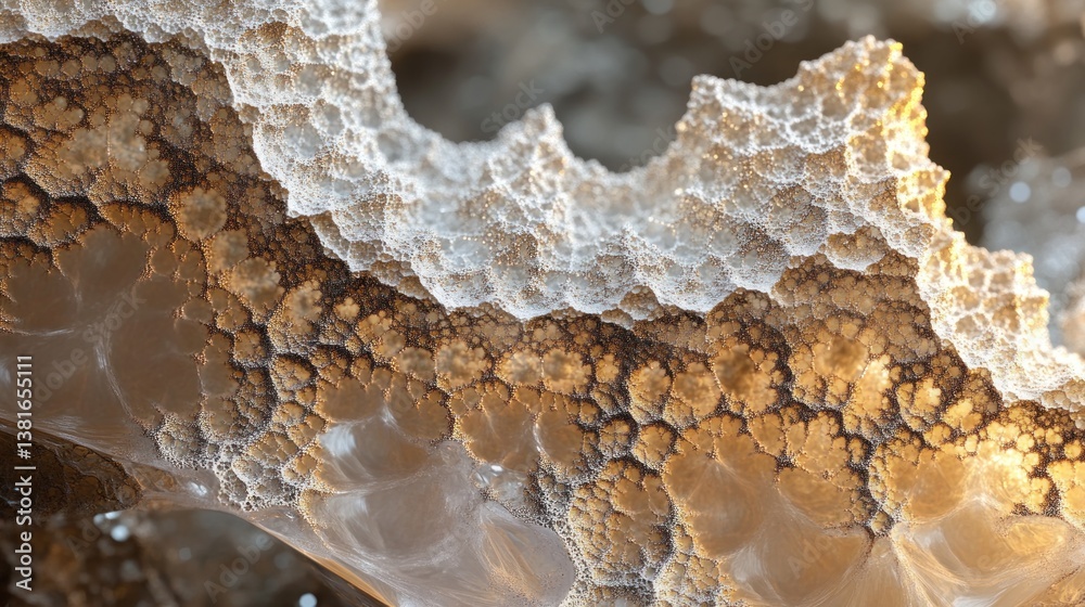 Detailed macro view of a complex porous structure with warm tones and bright highlights
