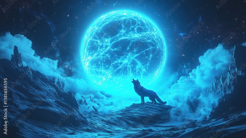 Electric Blue Serenade: A Lone Wolf's Howl Echoes Under a Celestial Neon Orb