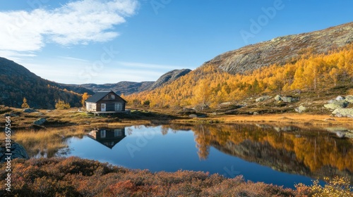 Obraz na płótnie Idyllic cabin retreat nestled amongst the golden hues of autumn mountains w salonie