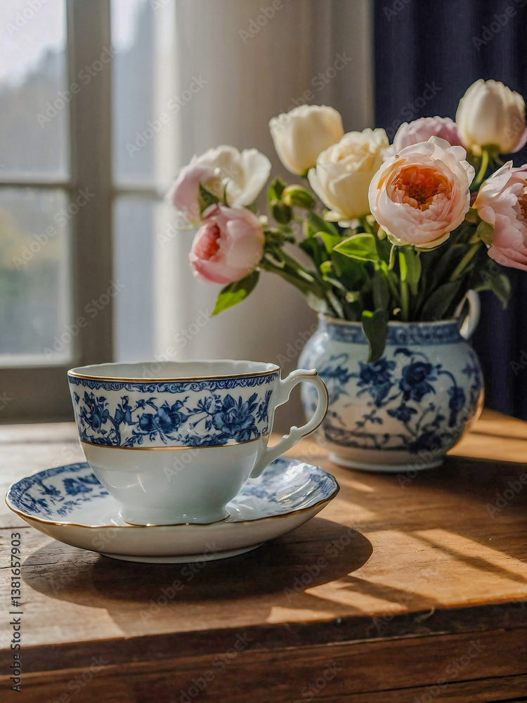 Porcelain teacup beside a vase of flowers for a serene morning.