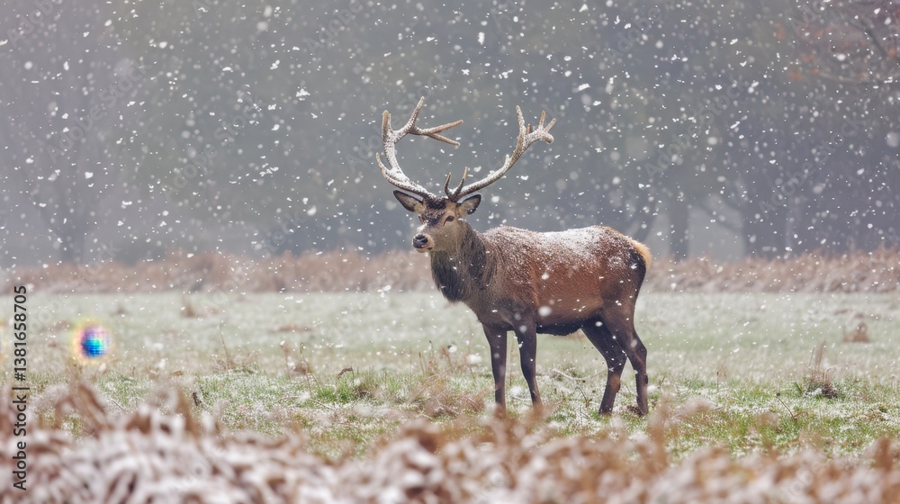 Obraz premium red deer stag winter snowfall
