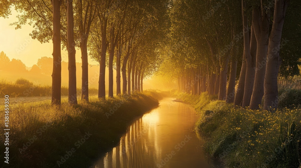 Idyllic landscape of poplar trees lining a river at sunrise, casting golden hues
