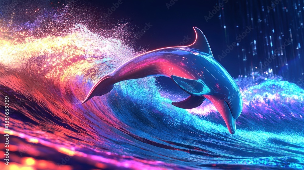 Vibrant Neon Dolphin Leaping Through Glowing Waves, Futuristic Underwater Scene