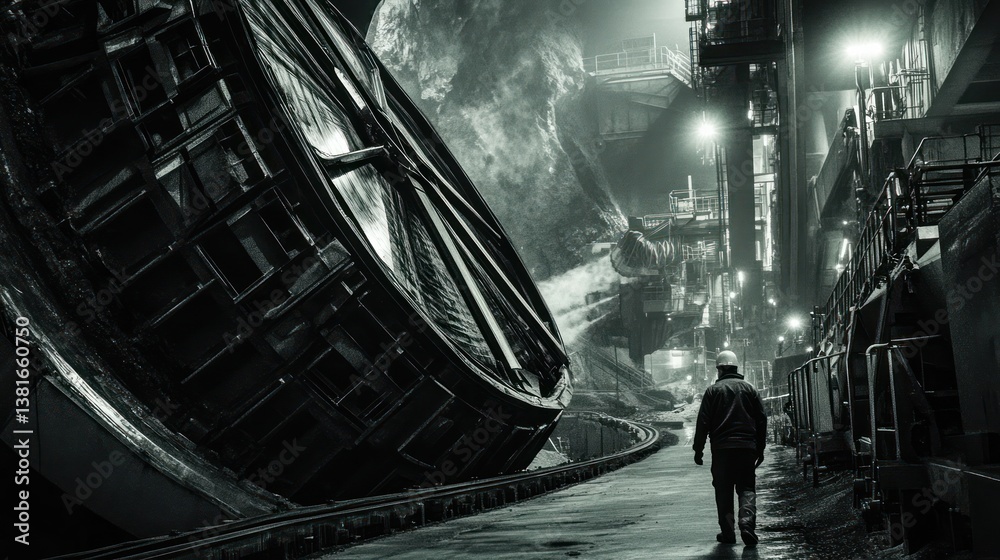Monochrome view of a worker walking beside massive industrial equipment at a facility