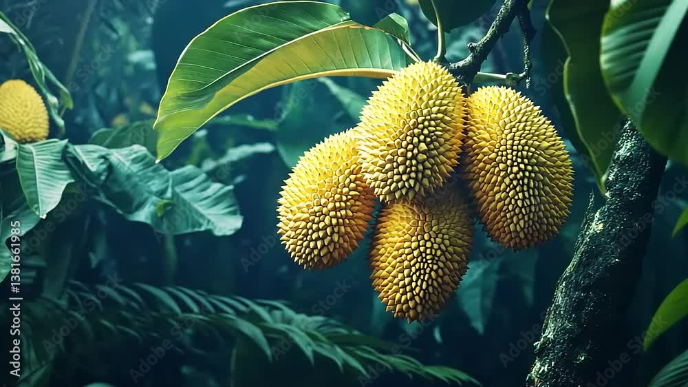 Tropical Durian Fruits Hanging on Tree Branch Tropical Durian Fruits Hanging on Tree Branch