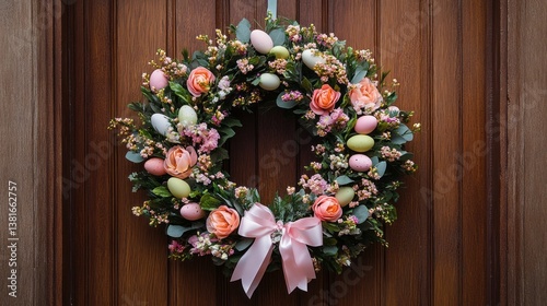A beautiful Easter wreath decorates a wooden door, featuring pastel-colored eggs, pink roses, and delicate spring flowers, celebrating the arrival of the season