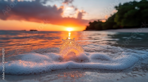 An artistic capture of a water splash at sunset, creating an impression of movement and energy, with warm hues and the sun reflecting on the surface of the water.