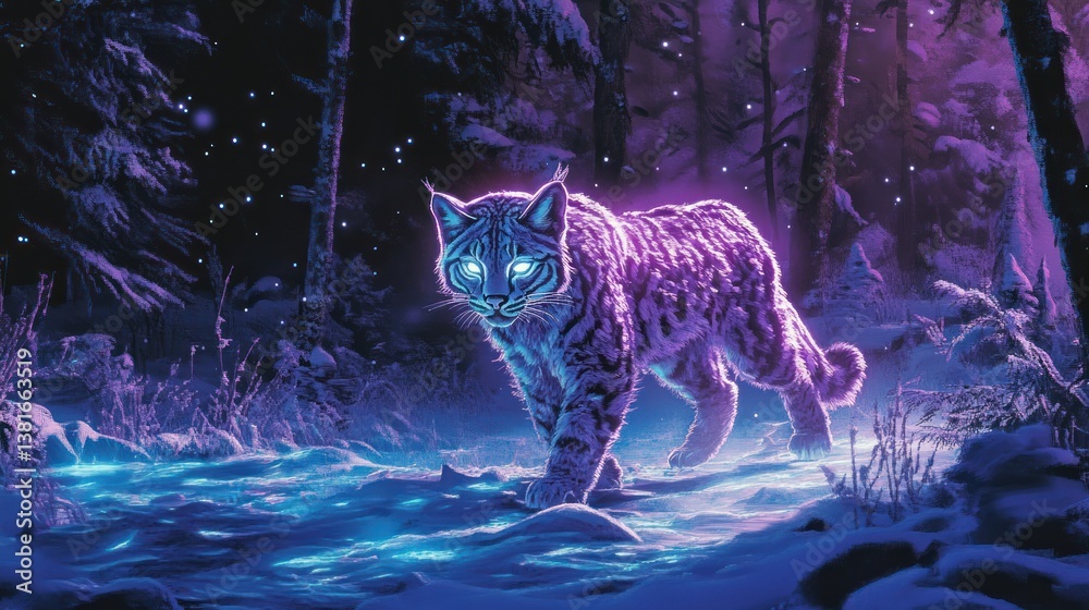 Neon Lynx Prowling: Bioluminescent Winter Wonderland, A majestic display of light