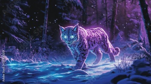 Obraz na płótnie Neon Lynx Prowling: Bioluminescent Winter Wonderland, A majestic display of light w salonie
