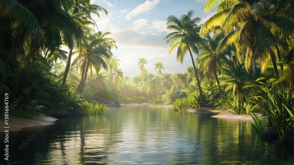 A tranquil waterway winds through a lush tropical landscape filled with palms