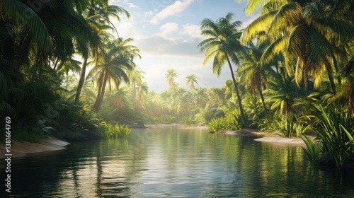 Obraz na płótnie A tranquil waterway winds through a lush tropical landscape filled with palms w salonie