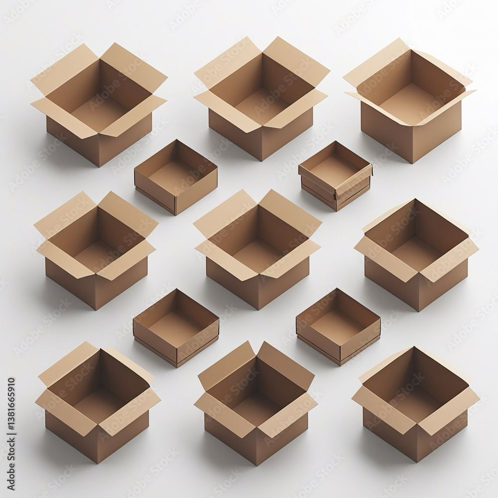 An arrangement of fifteen open, empty brown cardboard boxes of varying sizes on a light gray surface. They are organized in a grid-like pattern. An arrangement of fifteen open, empty brown cardboard boxes of varying sizes on a light gray surface. They are organized in a grid-like pattern.