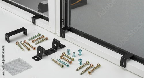 Mosquito screen installation hardware and tools on a work surface  