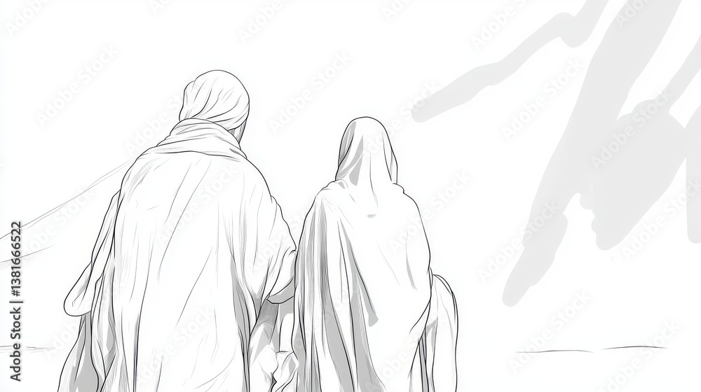 Obraz premium Continuous one line drawing muslim couples wife and husband wearing white traditional clothes for Ihram ready for Hajj. Hajj and umrah concept. Single line draw design vector graphic illustration.