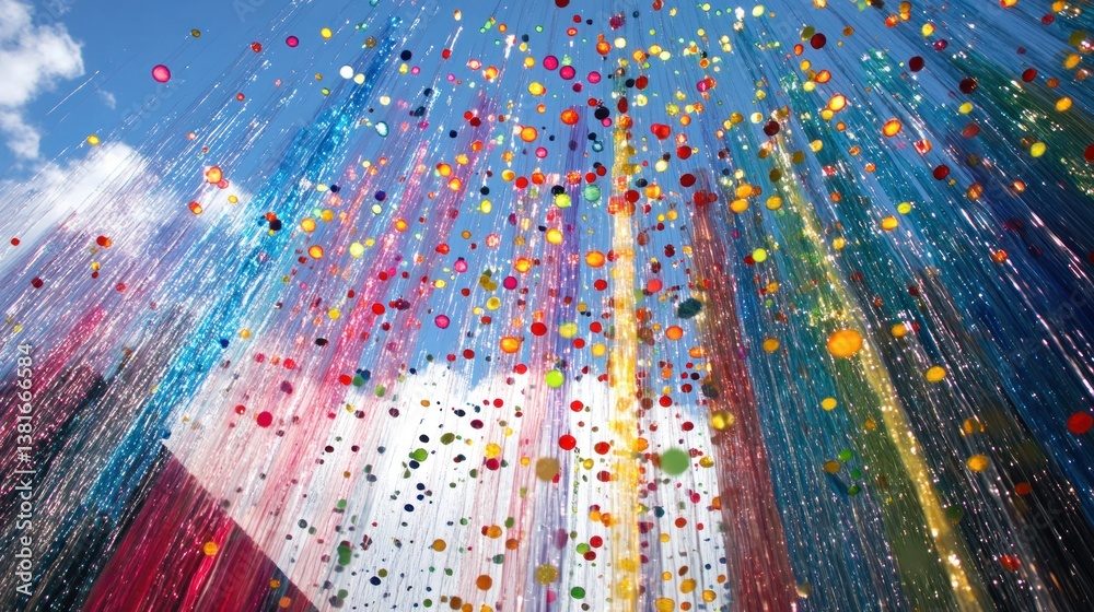 Multicolor Translucent Ribbons Creating a Festive Atmosphere Under a Clear Sky