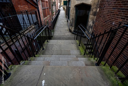 The view of the city of Chester, England as seen from the City Wall that surrounds the interior of the city.  The city wall was constructed during the 1st - 3rd centuries
