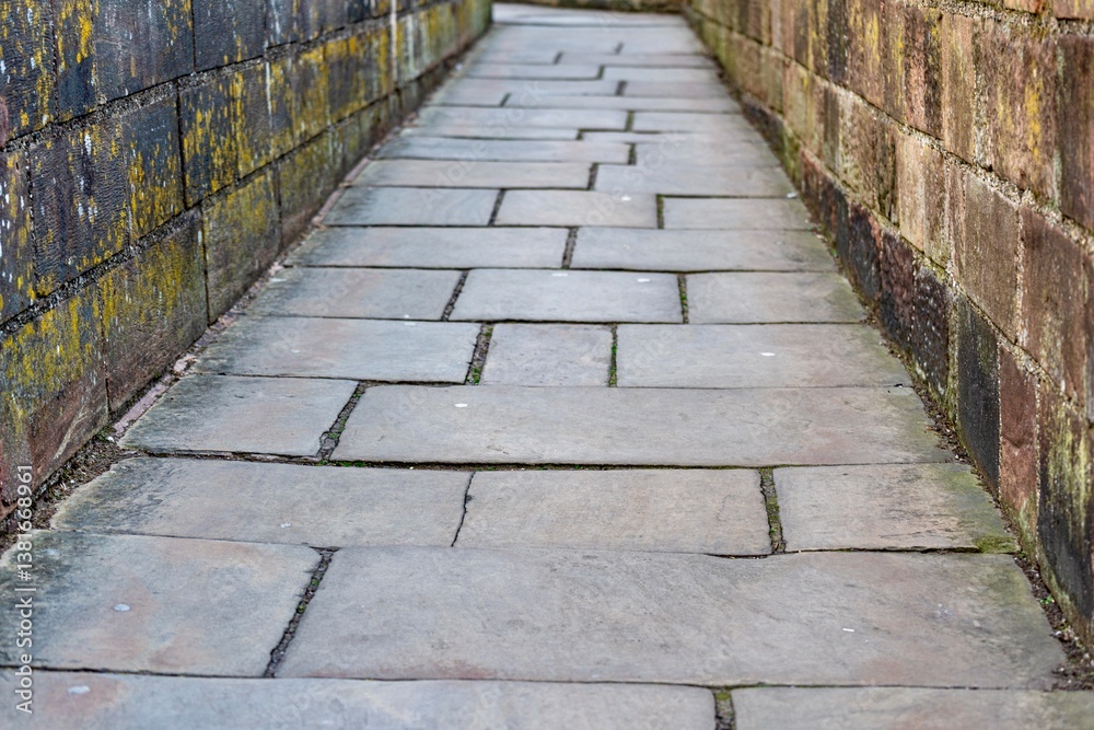 The view of the city of Chester, England as seen from the City Wall that surrounds the interior of the city. The city wall was constructed during the 1st - 3rd centuries