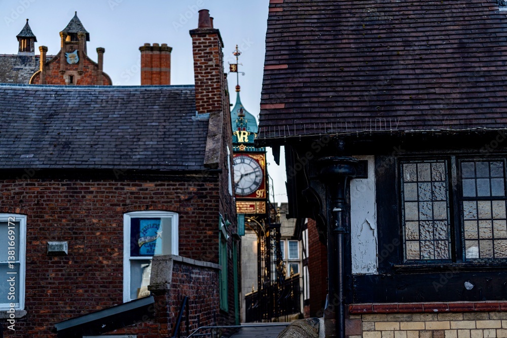 The view of the city of Chester, England as seen from the City Wall that surrounds the interior of the city. The city wall was constructed during the 1st - 3rd centuries