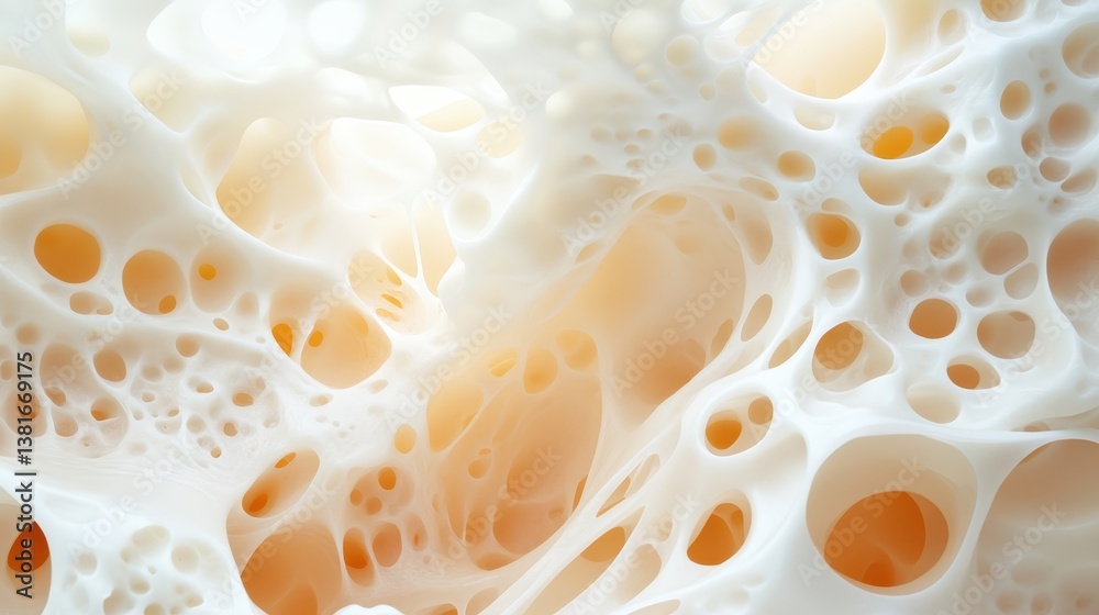 This abstract image highlights the intricate texture of cheese, featuring soft white hues with layers of air bubbles, creating an ethereal and visually striking presentation. This abstract image highlights the intricate texture of cheese, featuring soft white hues with layers of air bubbles, creating an ethereal and visually striking presentation.