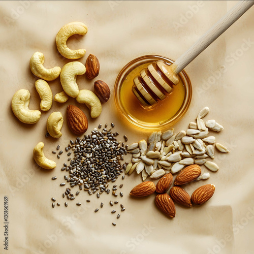 Topdown view photograph of clusters of nuts and seeds on light yellow chart paper background high resolution product photography style soft natural lighting Cluster of