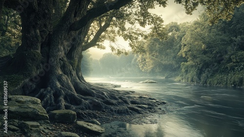 Obraz na płótnie Majestic riverside scenery: an ancient tree guards the peaceful flowing water w salonie