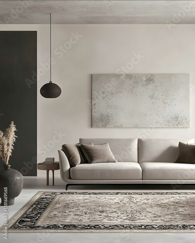 A modern living room with an elegant sofa large rug and wall art The space is adorned in soft gray tones creating a serene atmosphere There is no lighting on the ce