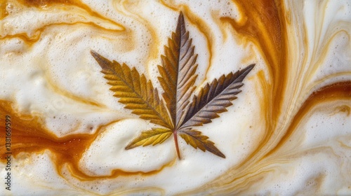 Artistic Cannabis Leaf on Frothy Beverage Surface Botanical Design for Wellness and Lifestyle