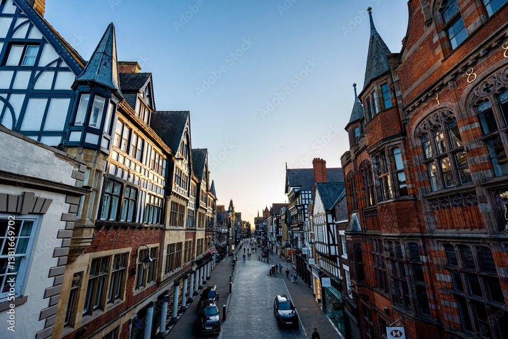 The view of the city of Chester, England as seen from the City Wall that surrounds the interior of the city. The city wall was constructed during the 1st - 3rd centuries