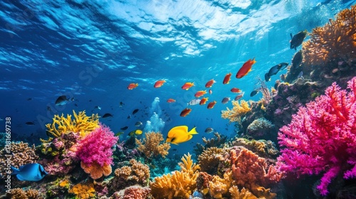 Obraz na płótnie Underwater paradise: A vibrant coral reef ecosystem teeming with diverse marine life w salonie