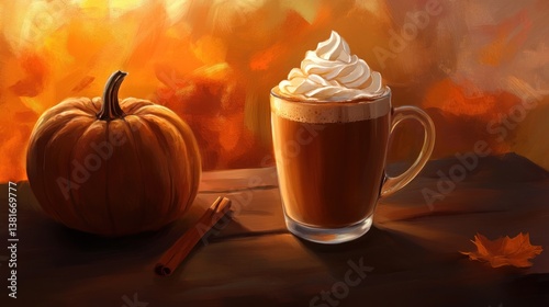 Autumnal Delight Pumpkin Cinnamon Stick and Hot Beverage with Whipped Cream in a Cozy Fall S