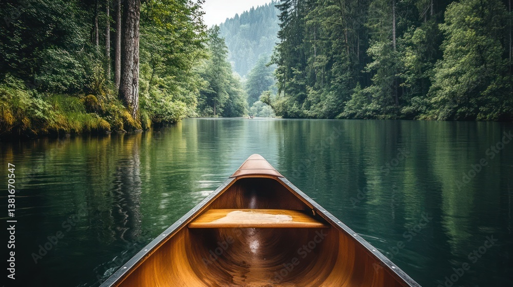 Tranquil canoe journey through serene waters embraced by lush forest scenery