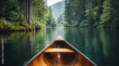 Obraz na płótnie Tranquil canoe journey through serene waters embraced by lush forest scenery w salonie