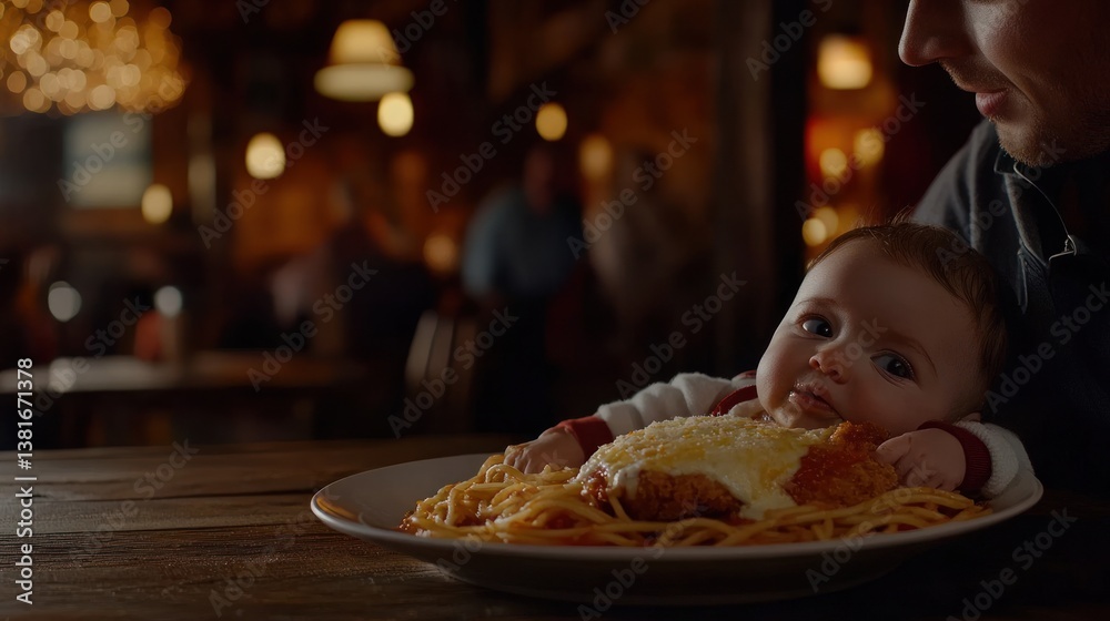 Baby Curiously Observing a Plate of Spaghetti and Chicken Parmesan in a Cozy Restaurant Setting Baby Curiously Observing a Plate of Spaghetti and Chicken Parmesan in a Cozy Restaurant Setting