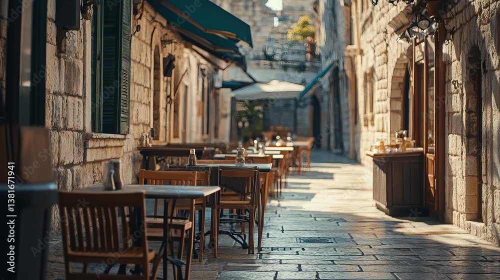 Fototapeta premium Charming European cafe scene with outdoor seating. A quaint and inviting atmosphere, perfect for leisurely dining and conversation.
