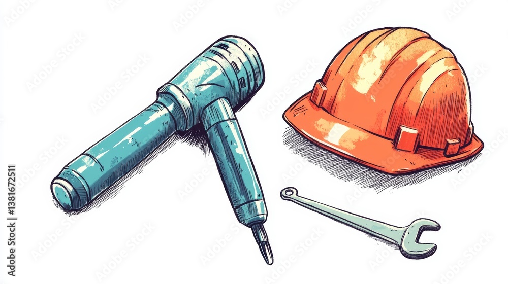 Continuous one line drawing a drill, hard hat and wrench are engineering tools. Engineering day concept. Single line draw design vector graphic illustration. Continuous one line drawing a drill, hard hat and wrench are engineering tools. Engineering day concept. Single line draw design vector graphic illustration.
