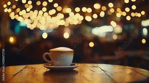Wallpaper Mural Cozy Coffee Cup on Wooden Table with Festive Bokeh Lights Background Torontodigital.ca