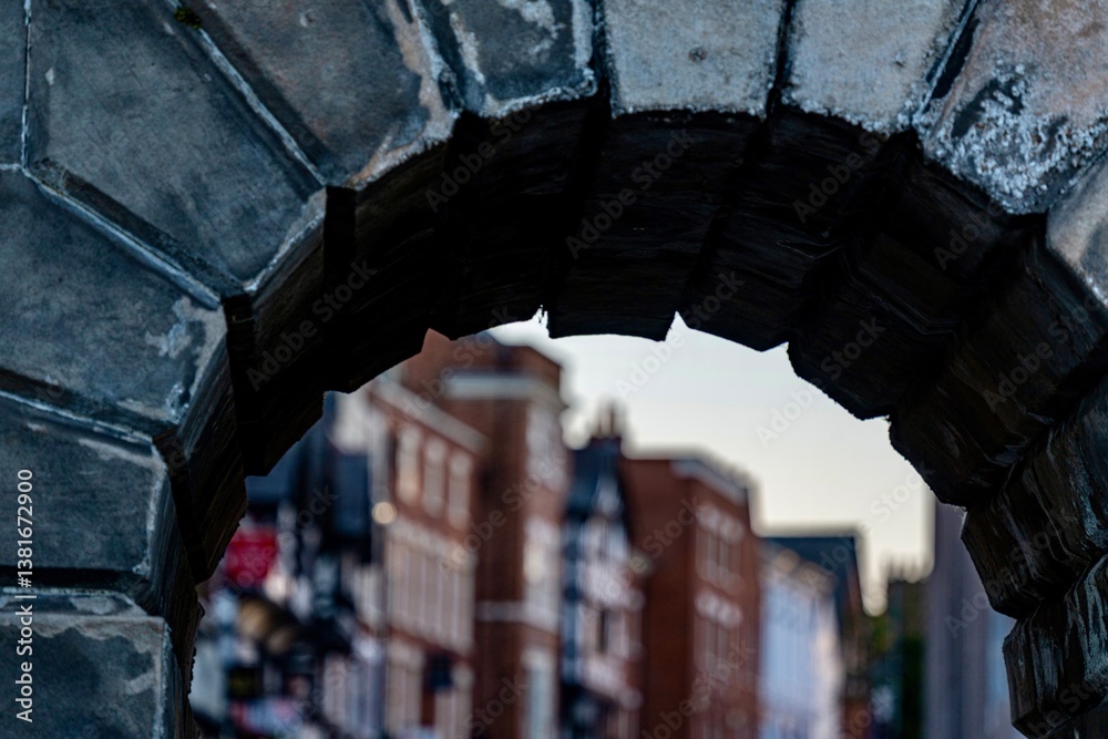 The view of the city of Chester, England as seen from the City Wall that surrounds the interior of the city. The city wall was constructed during the 1st - 3rd centuries