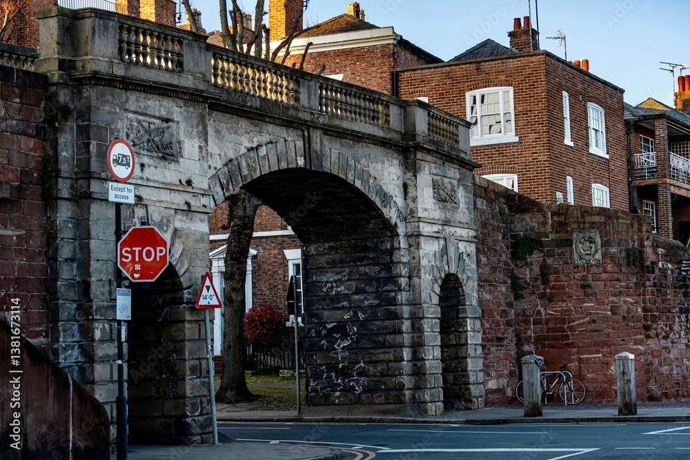 The view of the city of Chester, England as seen from the City Wall that surrounds the interior of the city. The city wall was constructed during the 1st - 3rd centuries