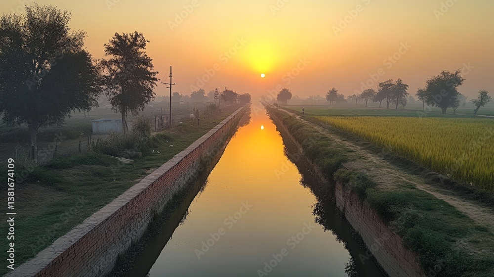 Fototapeta premium The sunrise is reflected in a serene waterway, with a golden sky merging with green fields. generative ai