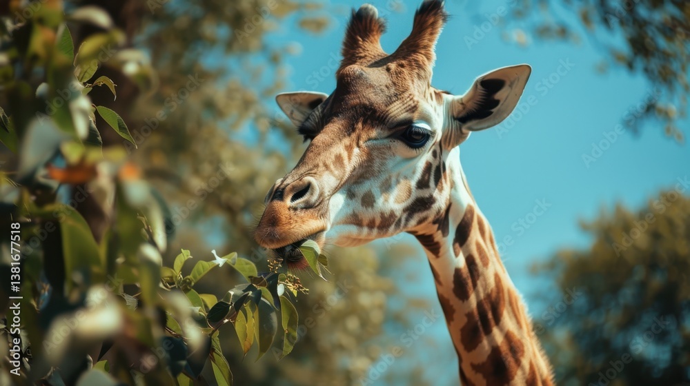 Obraz premium A photo of a standing giraffe eating leaves