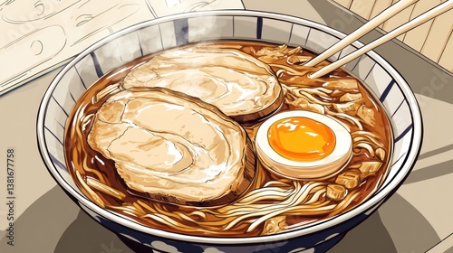 Delicious Bowl of Ramen with SoftBoiled Egg and Chashu Pork Slices Perfect for Food Enthusias